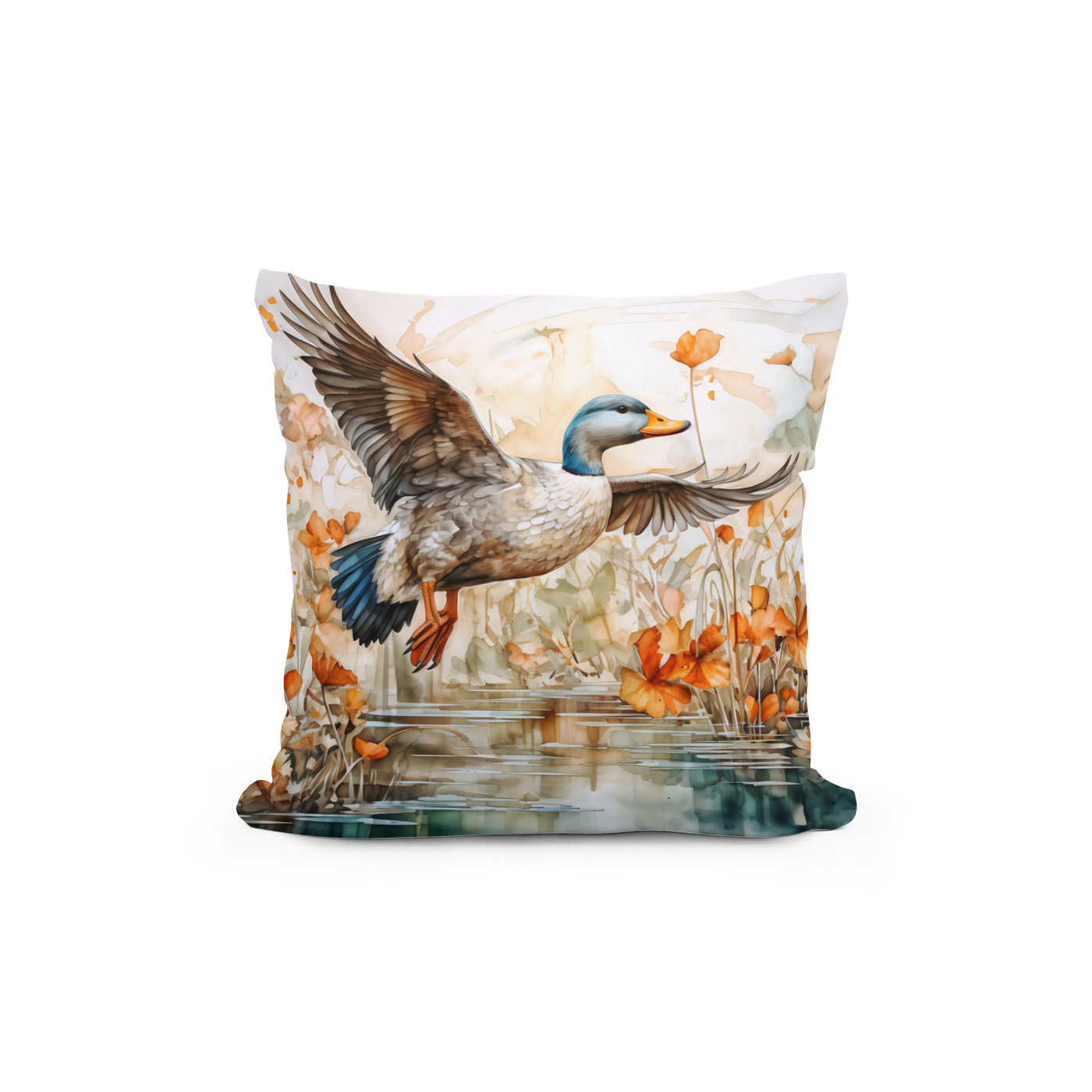 Kissen: Mallard flying above pond with flowers – Image 2