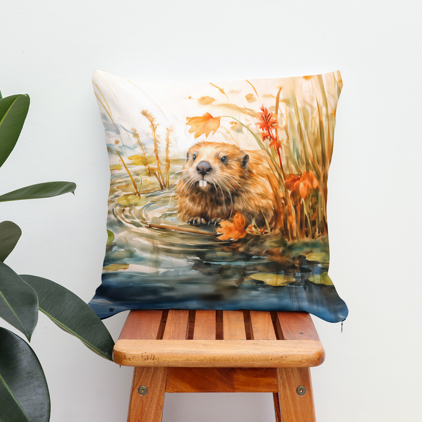 Kissen: Beaver sitting by pond among reeds