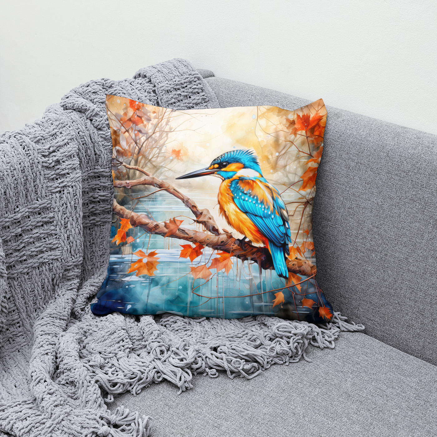 Kissen: Kingfisher above pond in painterly style