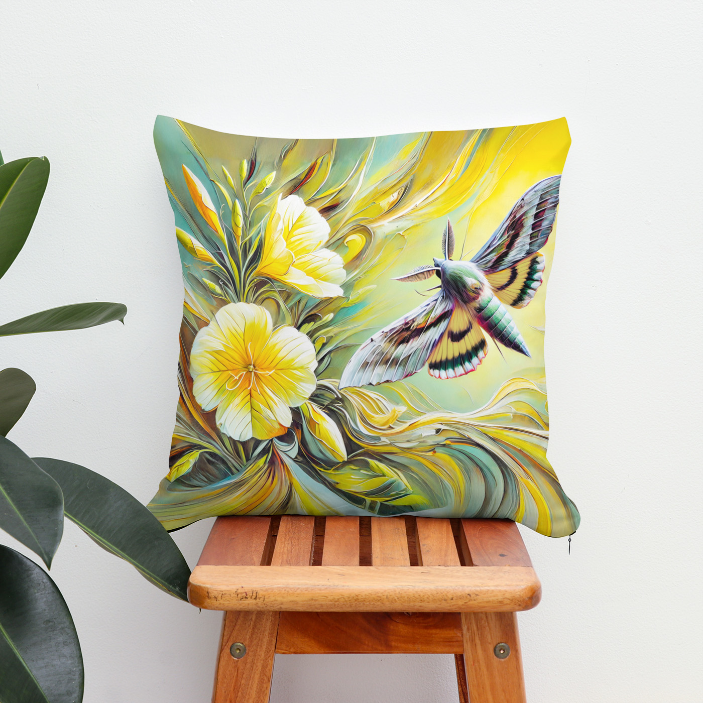 Kissen: Silver Y Moth with Evening Primrose in Oil Painting