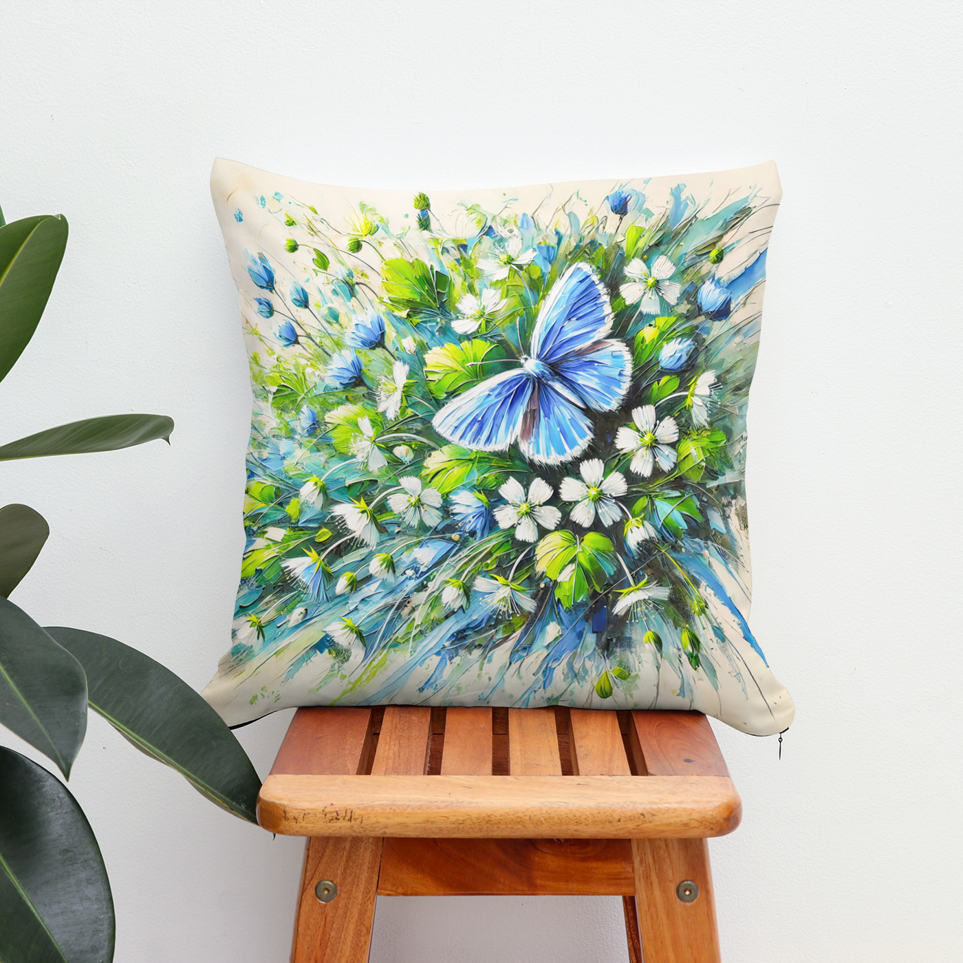 Kissen: Blue Butterfly with Forget-Me-Not Flowers in Oil Painting