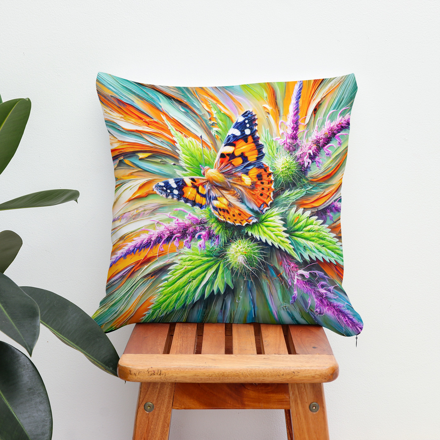 Kissen: Painted Lady Butterfly on Nettles in Oil Painting