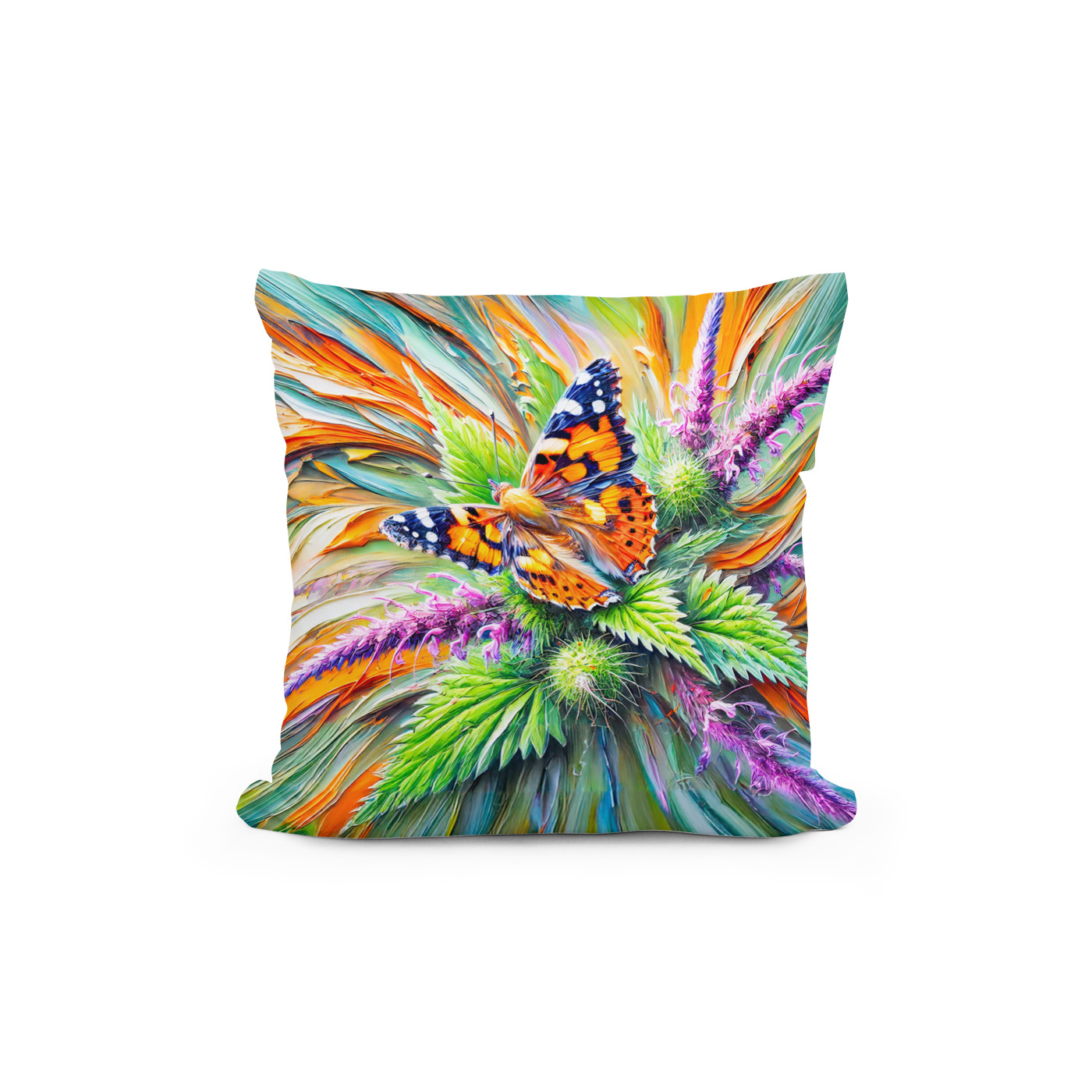 Kissen: Painted Lady Butterfly on Nettles in Oil Painting – Image 2