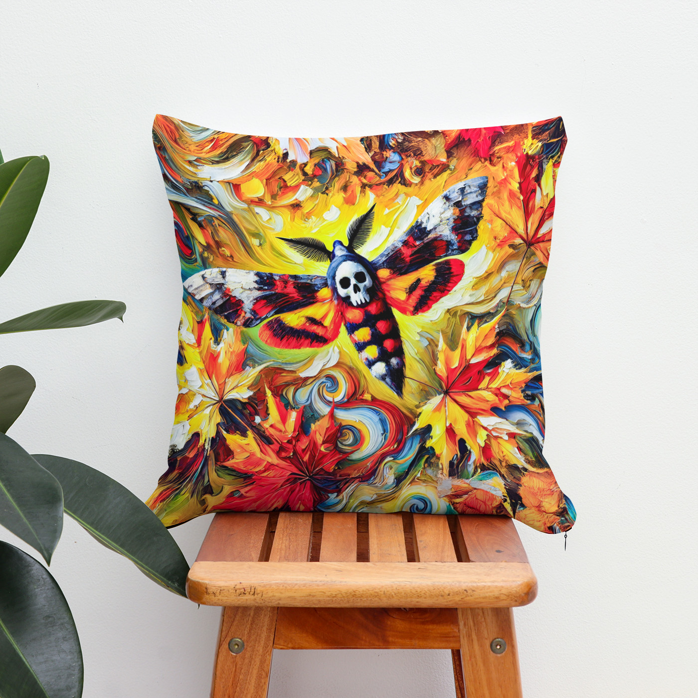 Kissen: Deaths-head Hawk-Moth with Autumn Leaves in Oil Painting