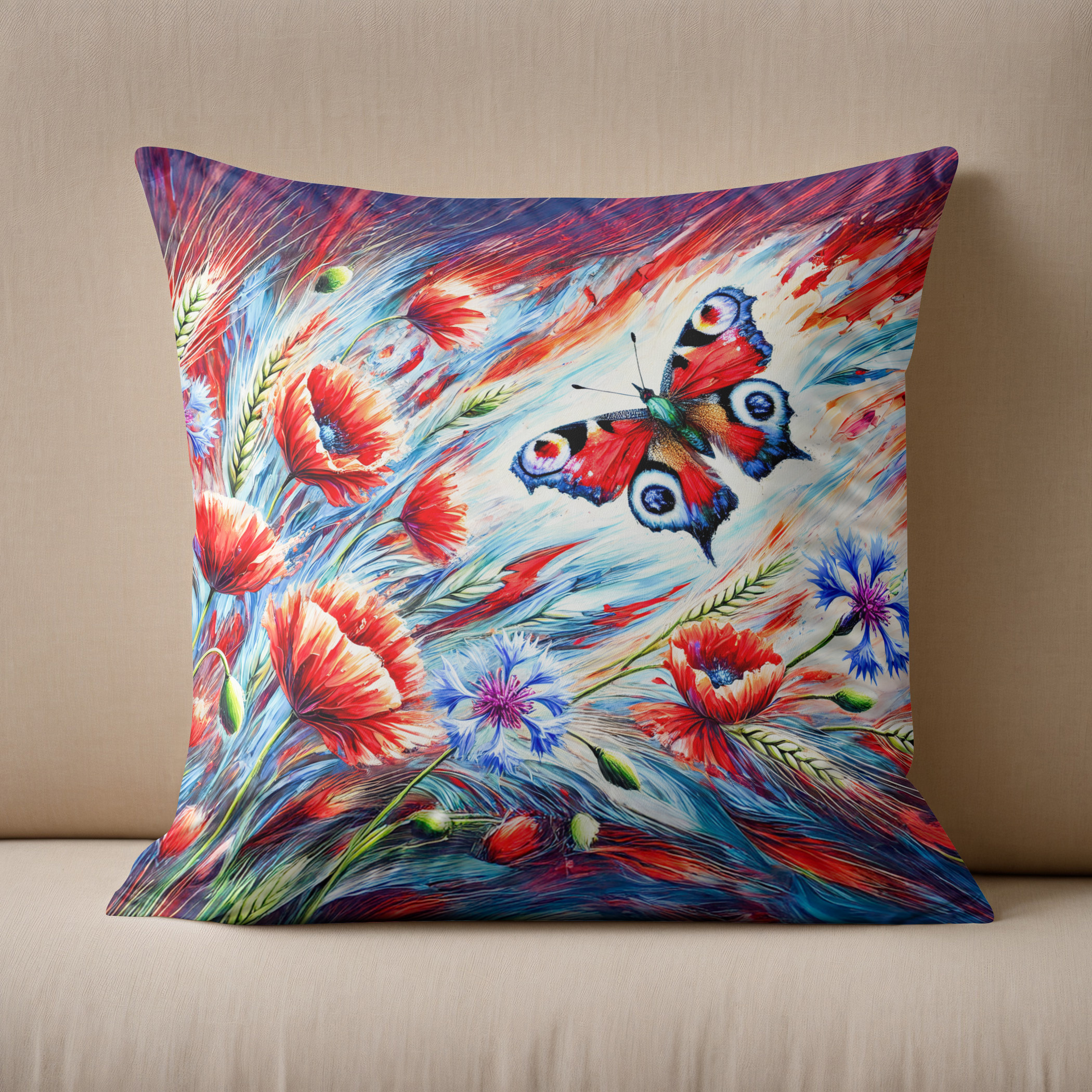 Kissen: Peacock Butterfly with Poppies and Cornflowers in Oil Painting