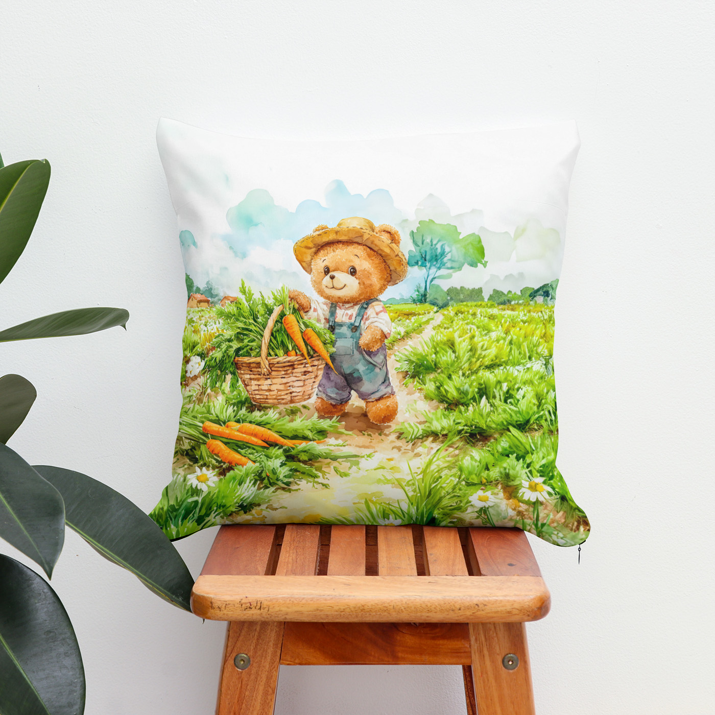 Kissen: Teddy Bear Carrying a Basket of Carrots