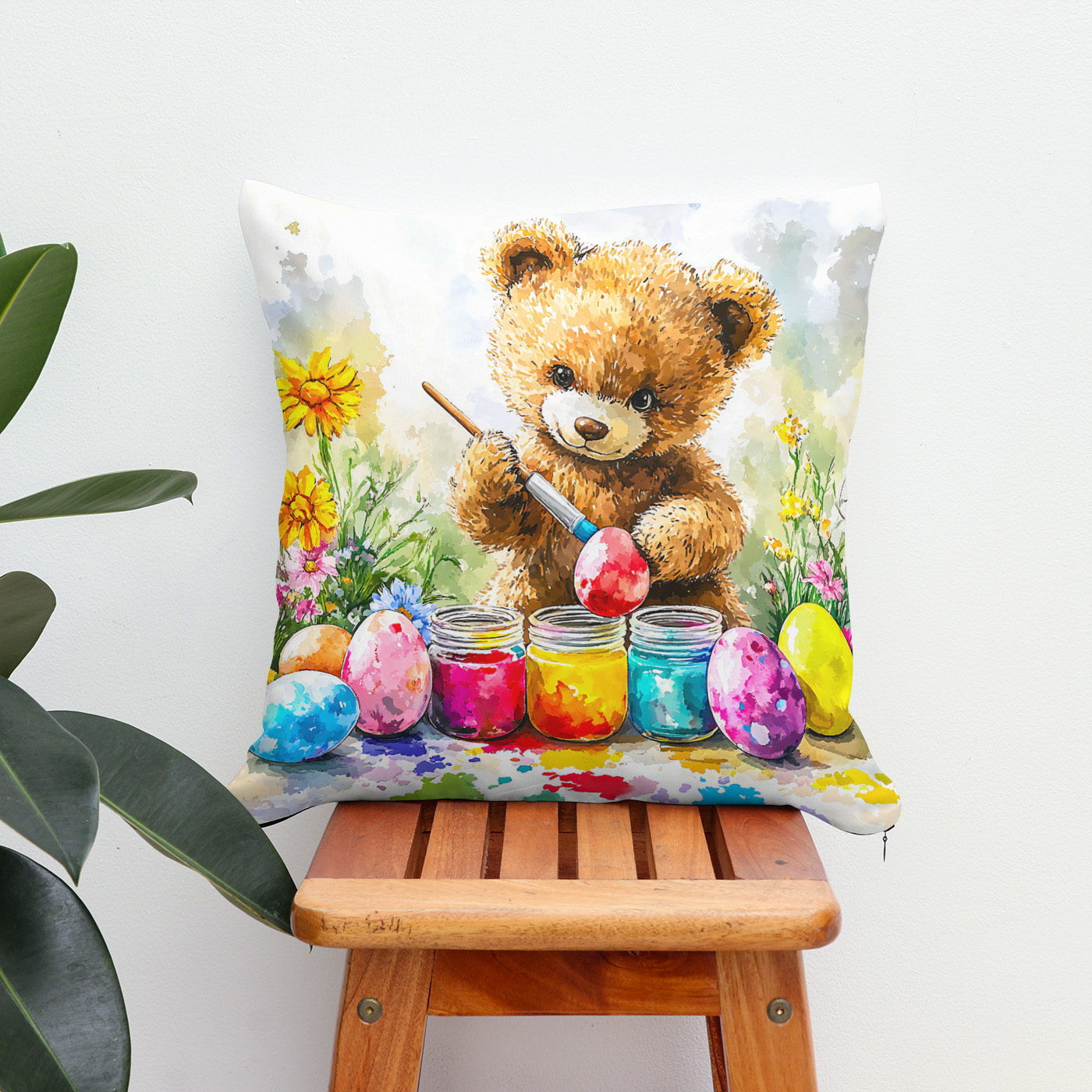 Kissen: Teddy Bear Painting Easter Eggs