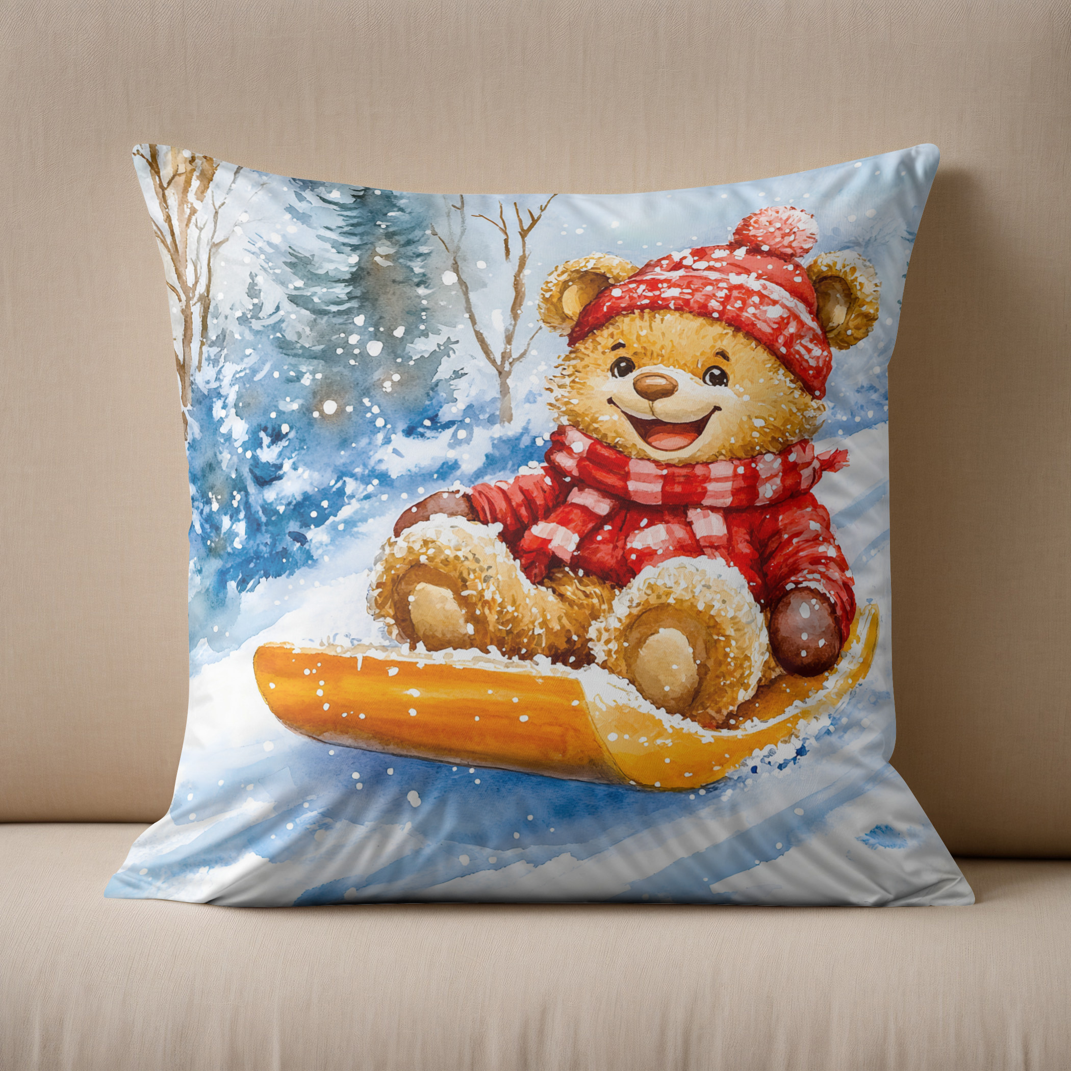 Kissen: Teddy Bear Sledding Downhill in Winter