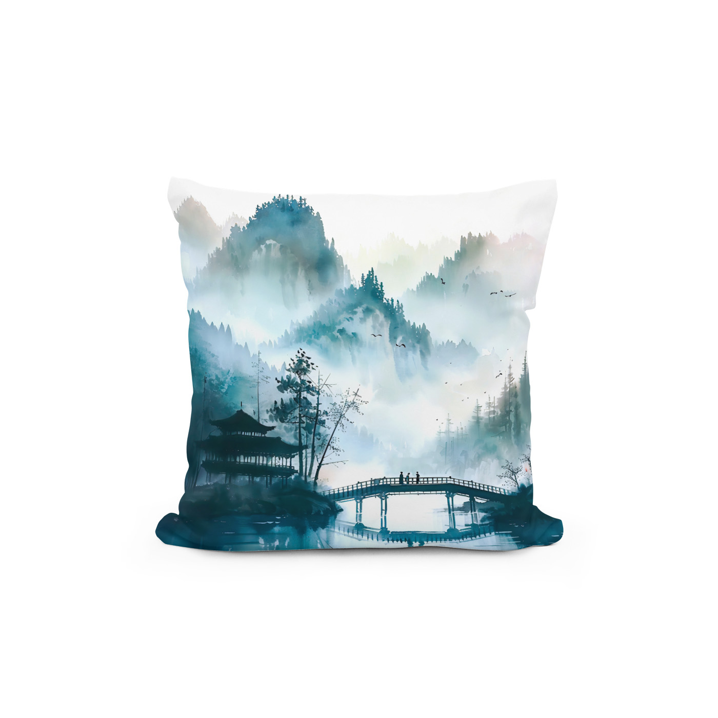 Kissen: Mountain Landscape In China With Temple And Bridge In Blue‑Green Tones – Bild 2