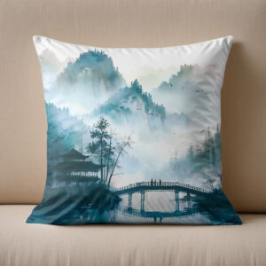 Kissen: Mountain Landscape In China With Temple And Bridge In Blue‑Green Tones