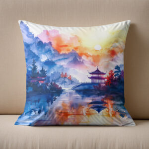 Kissen: Mountain Landscape In China With Temple In Blue, Yellow And Red Tones