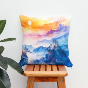 Kissen: Mountain Landscape At Sunrise In Blue, Purple, Orange And Yellow Chinese Ink