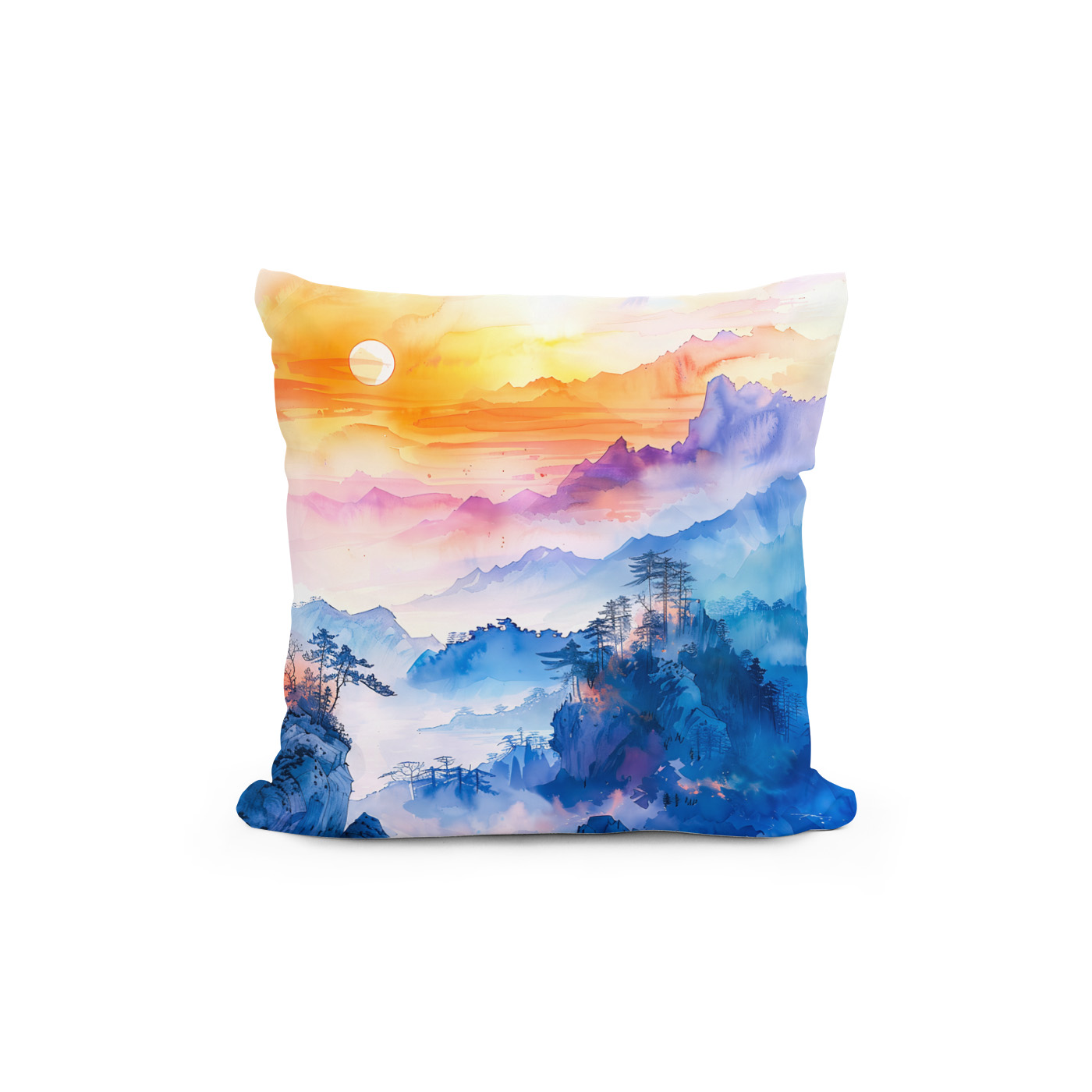 Kissen: Mountain Landscape At Sunrise In Blue, Purple, Orange And Yellow Chinese Ink – Bild 2