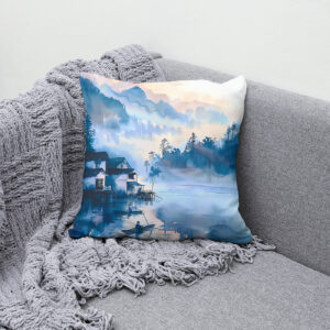 Kissen: Lakeside Mountain Village With Quiet Fisher Boat In Blue‑Orange Chinese Ink
