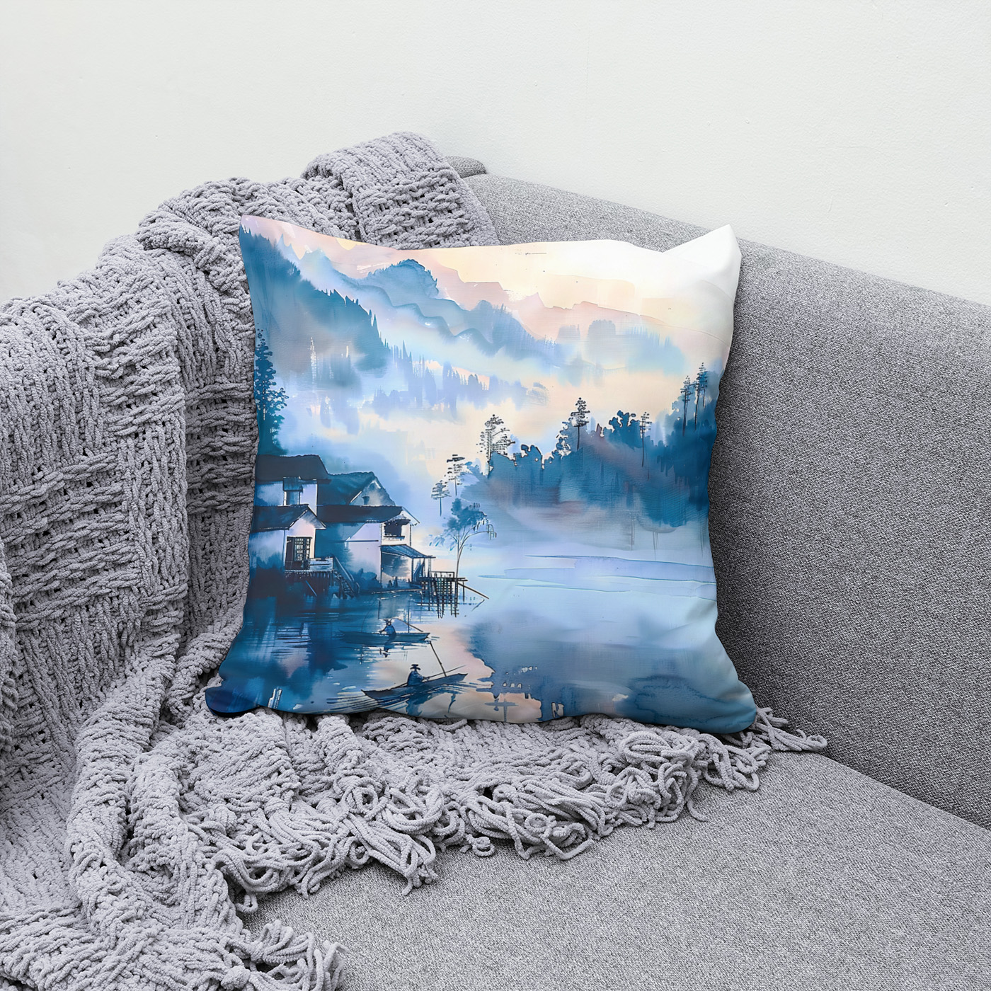 Kissen: Lakeside Mountain Village With Quiet Fisher Boat In Blue‑Orange Chinese Ink