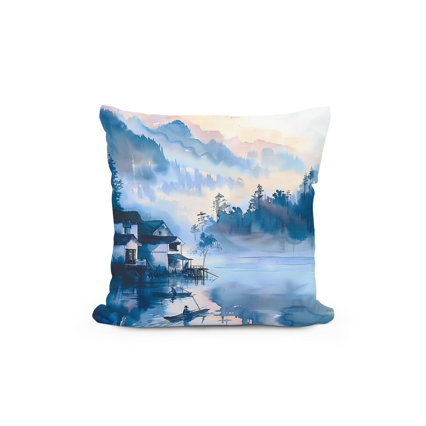 Kissen: Lakeside Mountain Village With Quiet Fisher Boat In Blue‑Orange Chinese Ink – Bild 2