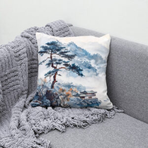 Kissen: Pine At Lakeshore With Distant Temple And Mountain Silhouette In Chinese Ink