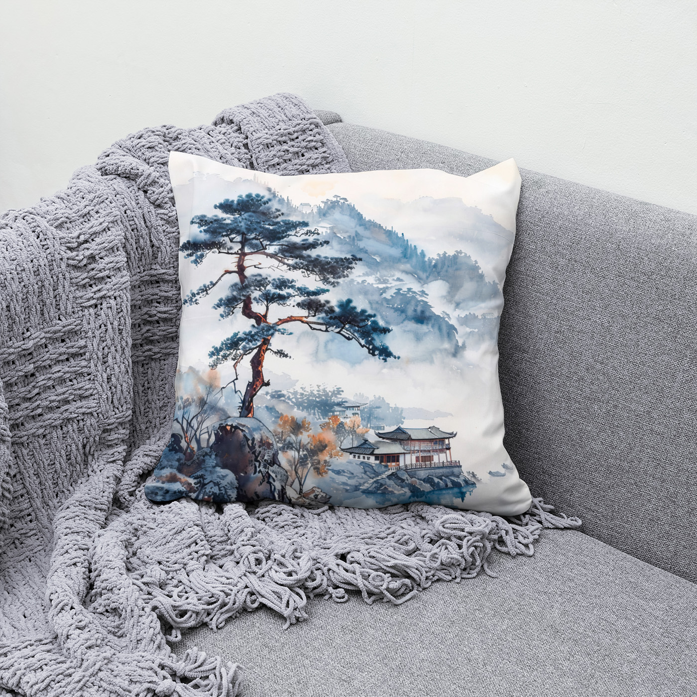 Kissen: Pine At Lakeshore With Distant Temple And Mountain Silhouette In Chinese Ink
