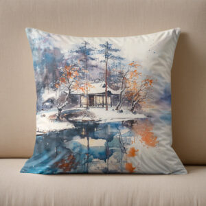 Kissen: Temple At Autumn Lakeshore In Mountain Landscape With Chinese Ink Style