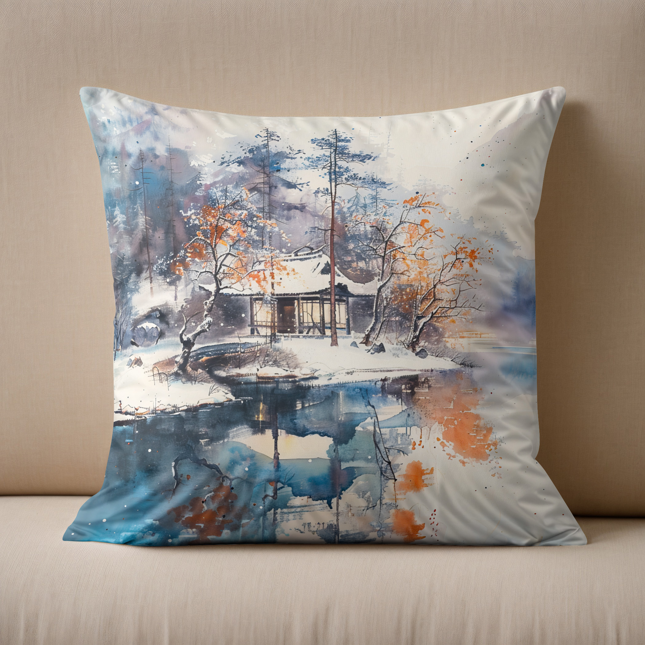 Kissen: Temple At Autumn Lakeshore In Mountain Landscape With Chinese Ink Style