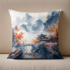 Kissen: Autumn Trees By Lakeshore With Temple Bridge In Chinese Ink Style
