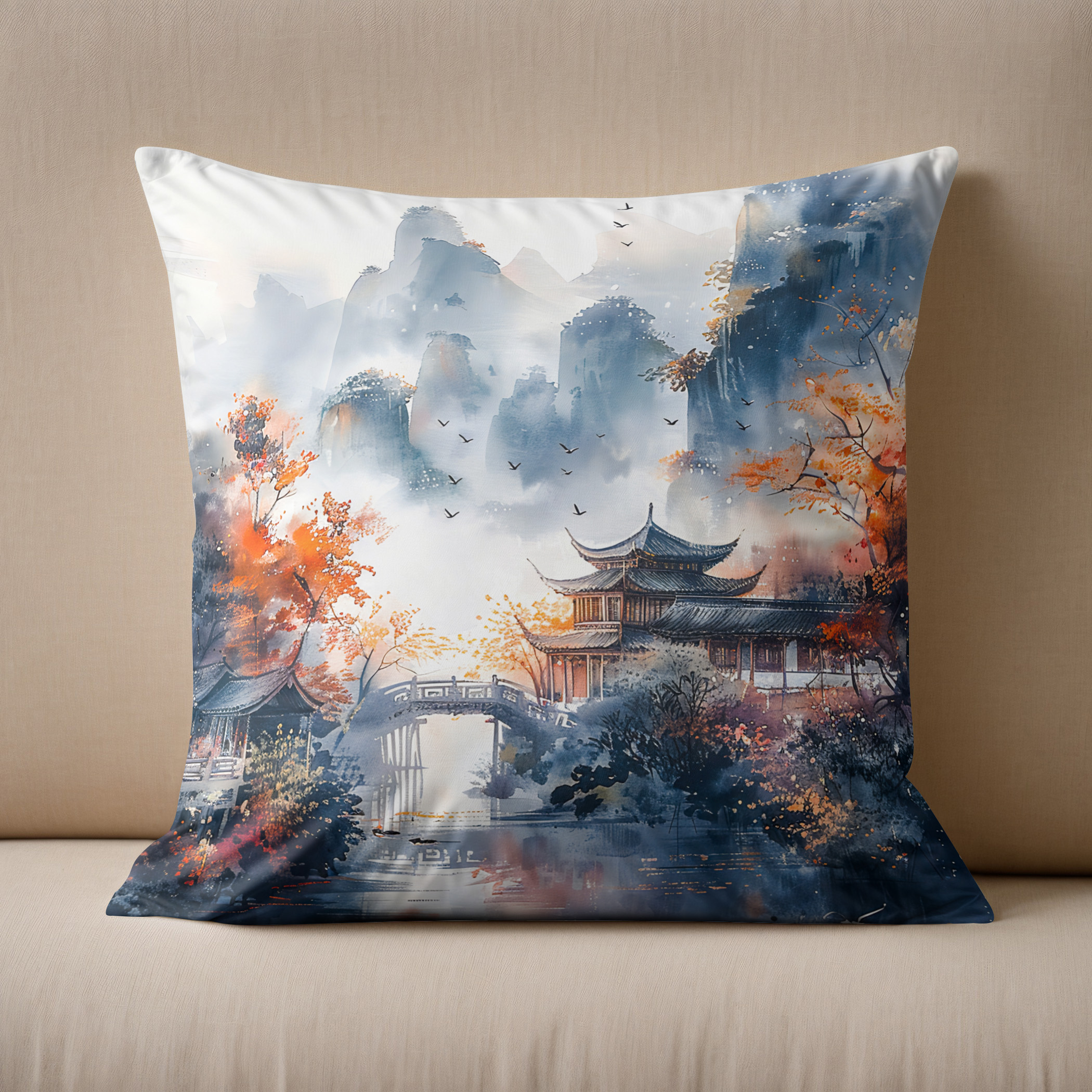 Kissen: Autumn Trees By Lakeshore With Temple Bridge In Chinese Ink Style