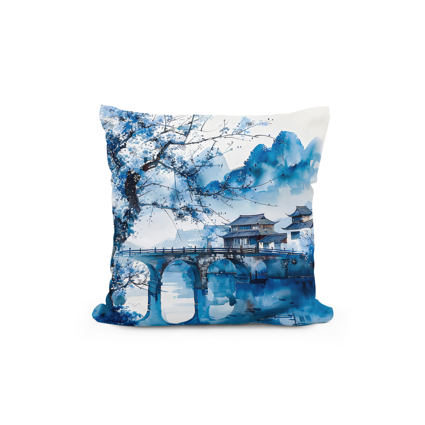 Kissen: Large Cherry Tree At Riverbank With Temple Bridge And Mountain Panorama In Chinese Ink – Image 2