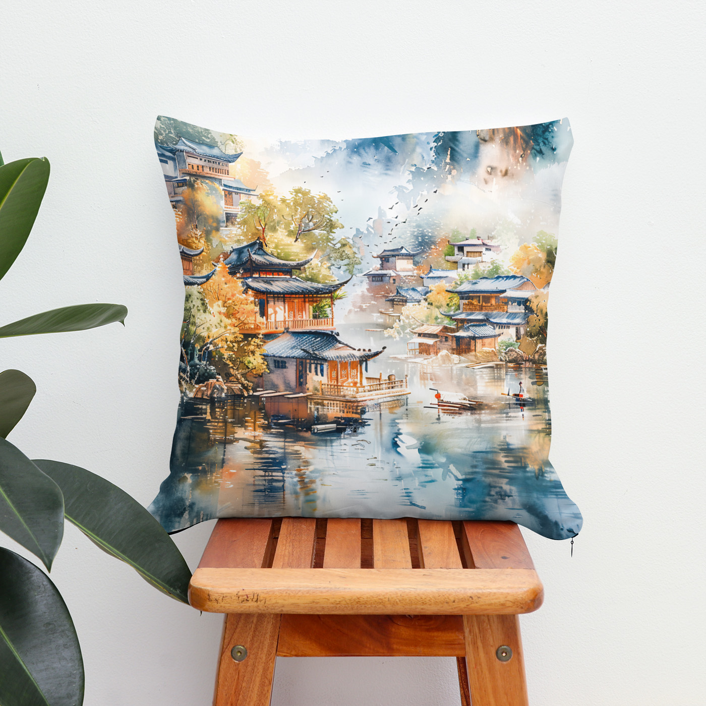 Kissen: Mountain River Valley With Village On Both Banks In Chinese Ink Style