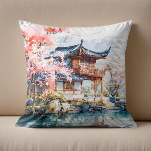 Kissen: Temple Complex With Blooming Cherry Tree Reflected In Lakeside Water Chinese Ink