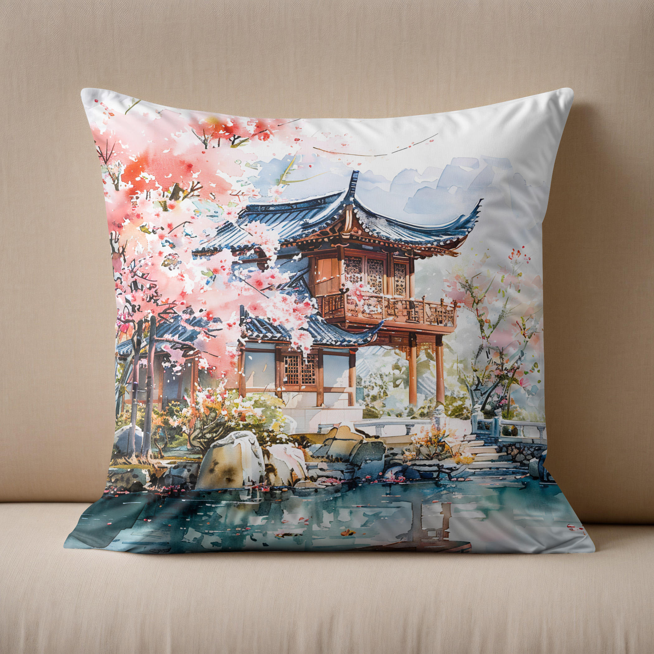 Kissen: Temple Complex With Blooming Cherry Tree Reflected In Lakeside Water Chinese Ink