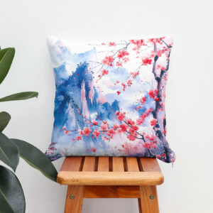 Kissen: Blooming Cherry Tree With Mountain Range And Lakeside View In Chinese Ink