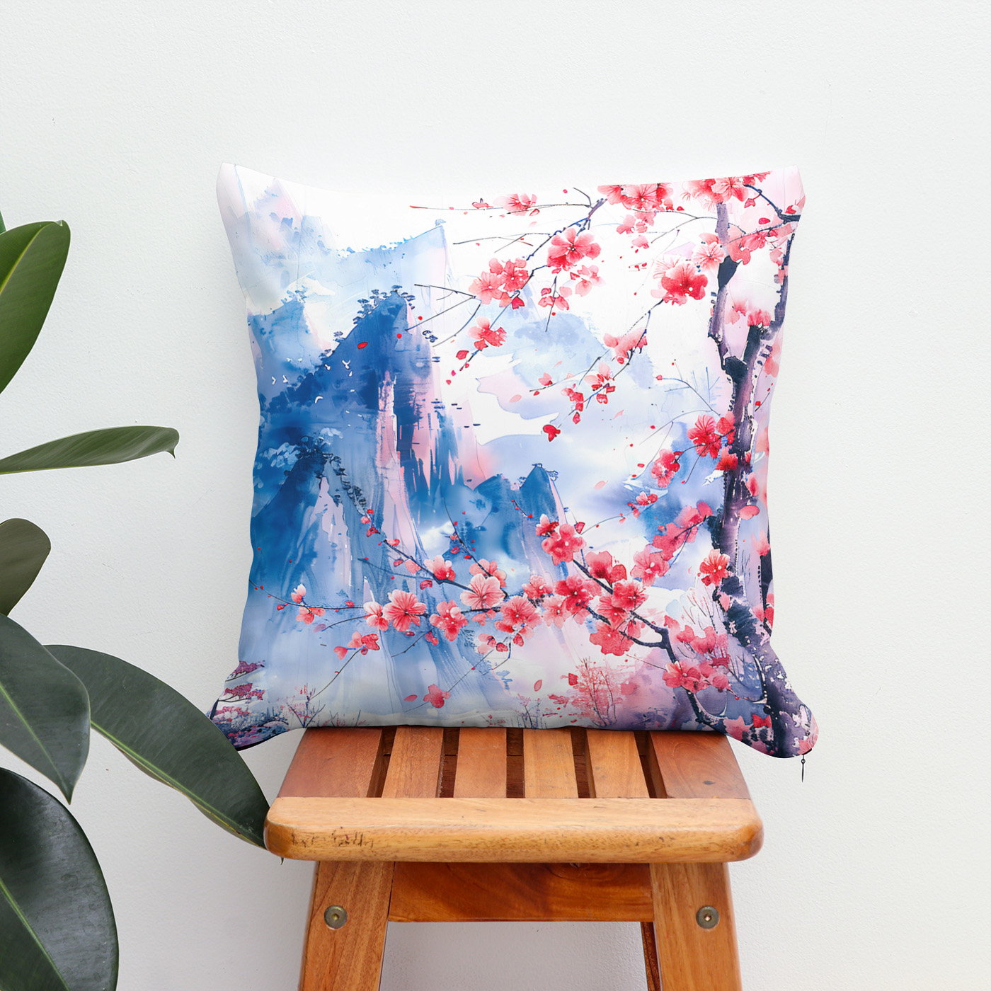 Kissen: Blooming Cherry Tree With Mountain Range And Lakeside View In Chinese Ink