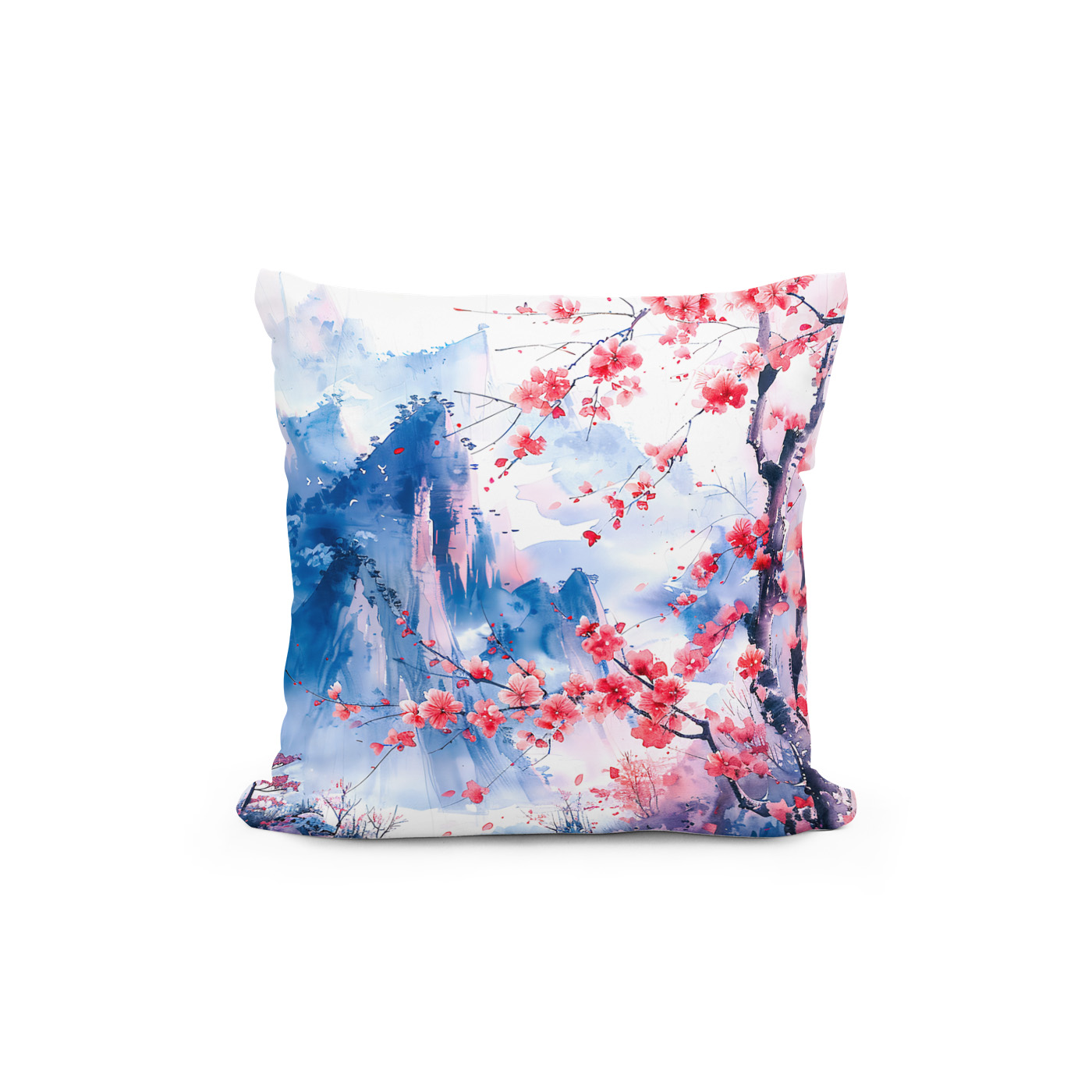 Kissen: Blooming Cherry Tree With Mountain Range And Lakeside View In Chinese Ink - Image 2
