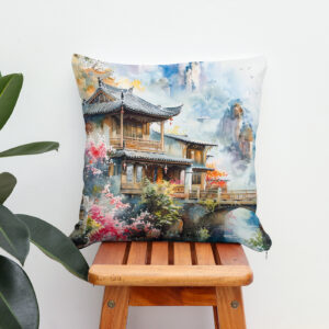 Kissen: Temple Complex By Riverside With Bridge And Blooming Cherry Trees In Chinese Ink