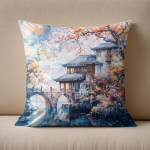 Kissen: Watercolor painting of a temple and bridge by the river.