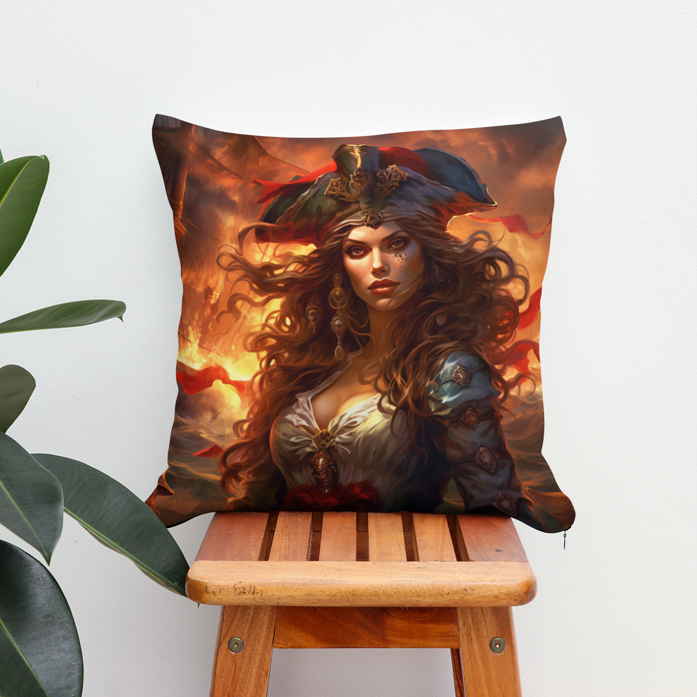 Kissen: NeuFemale Pirate Before Burning Ship Fantasy Painting