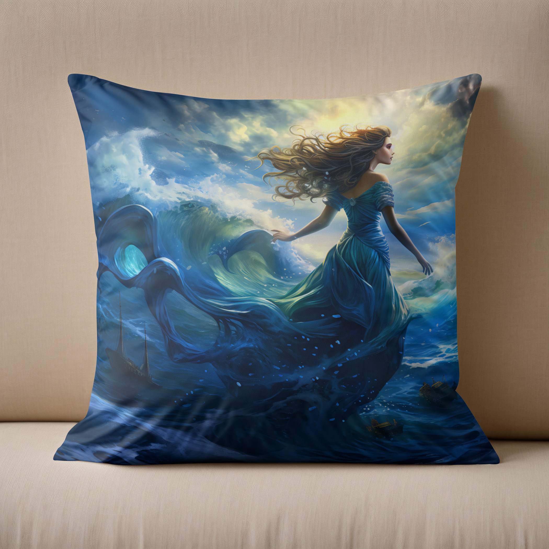 Kissen: Siren Emerging from Glowing Sea Fantasy Painting