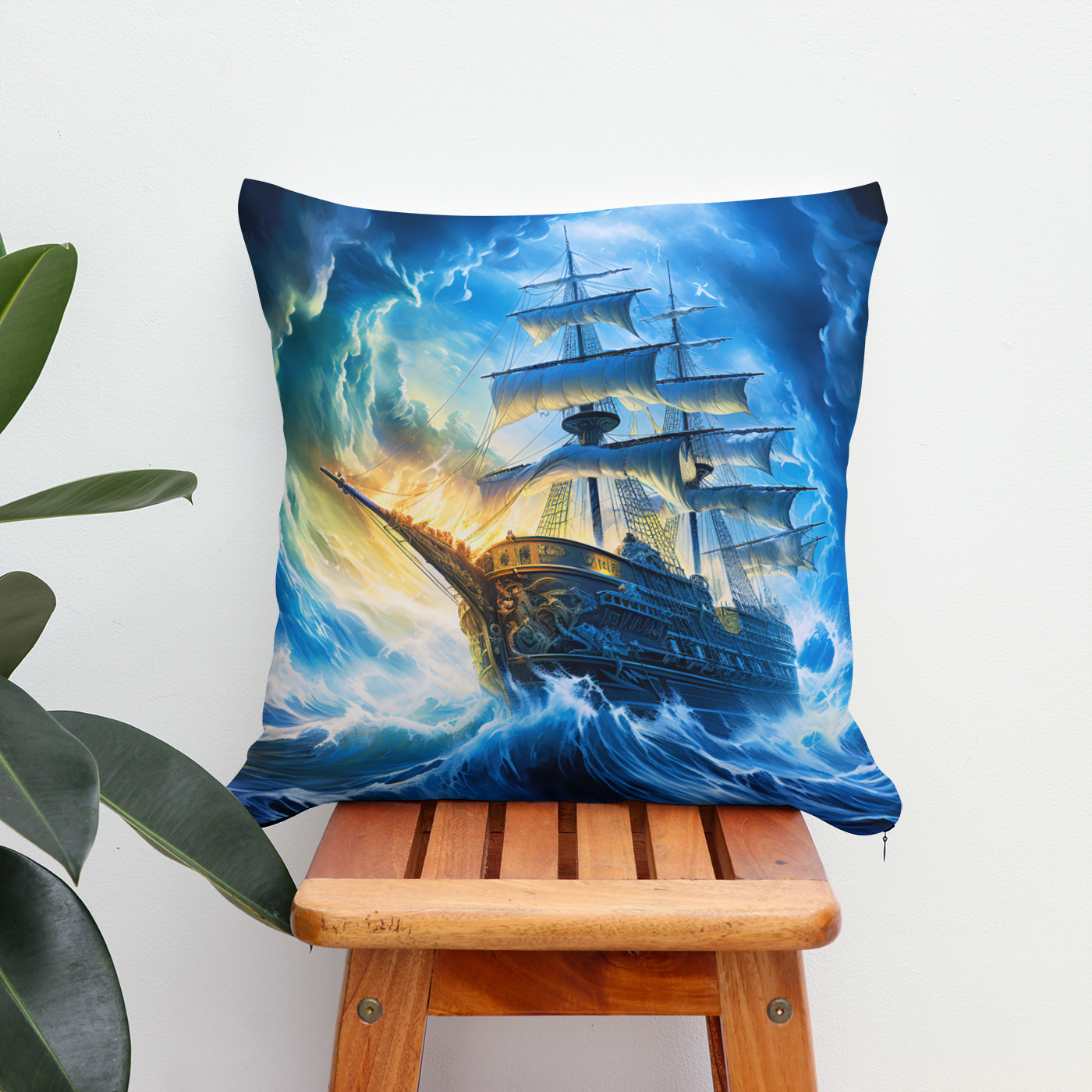 Kissen: Ship in Glowing Blue Ocean Fantasy Painting