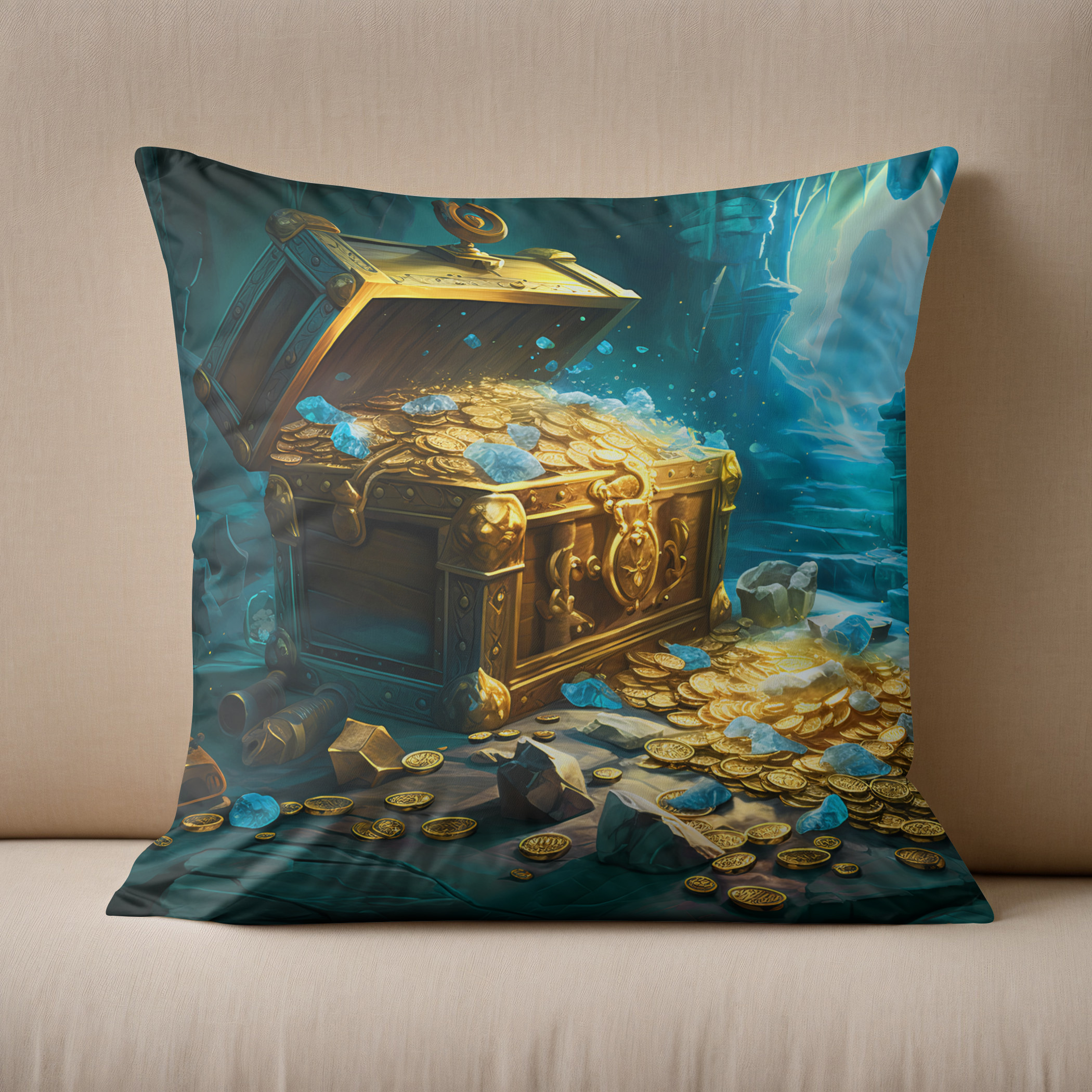 Kissen: Treasure Chest in Cave Light Fantasy Painting
