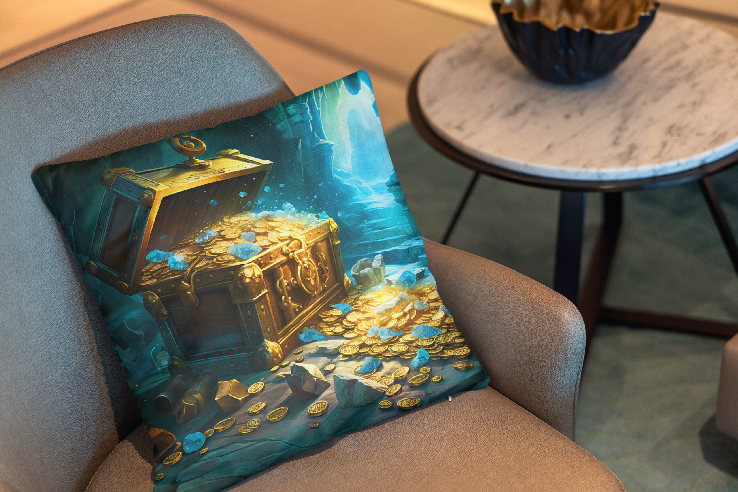 Kissen: Treasure Chest in Cave Light Fantasy Painting – Bild 2