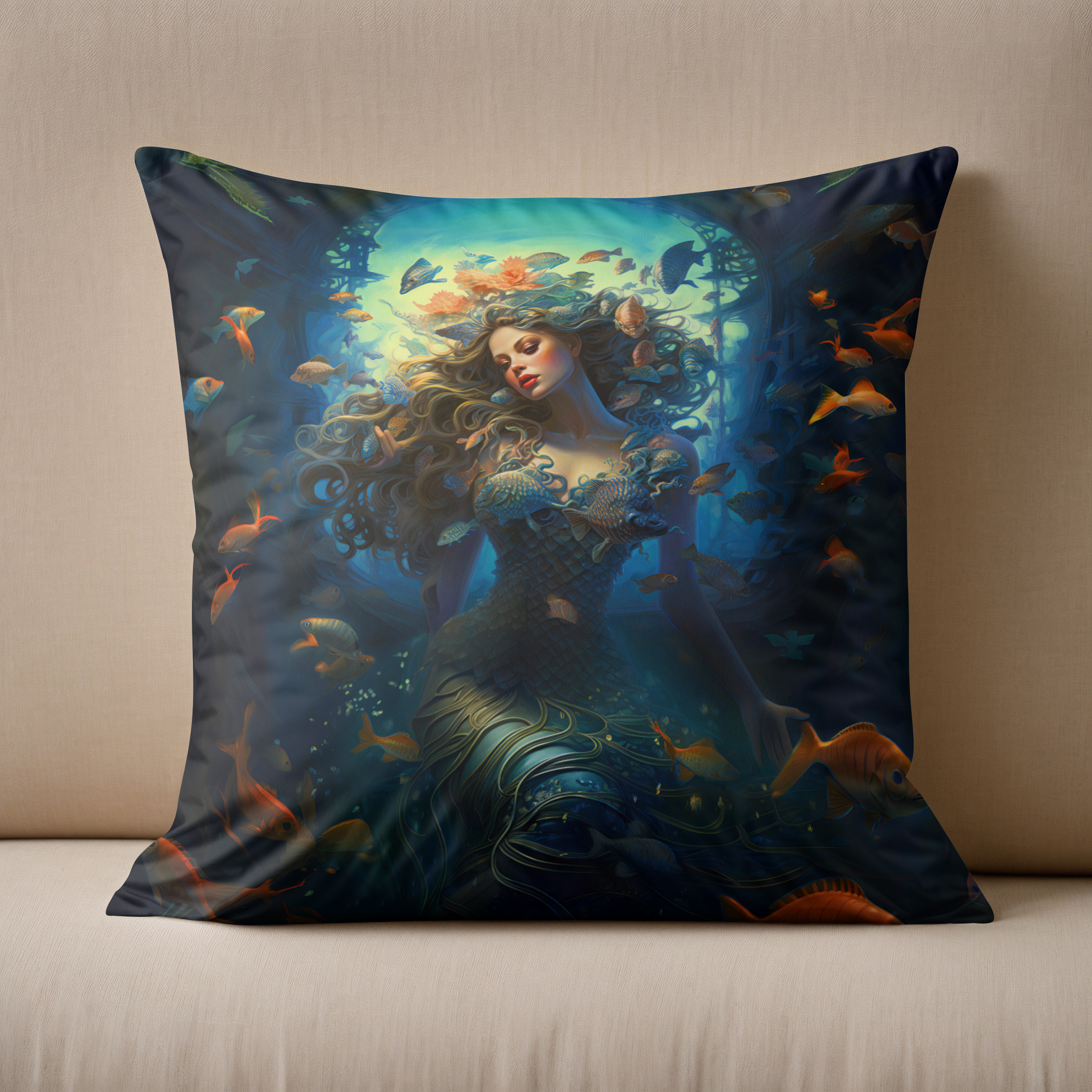 Kissen: Sea Nymph Surrounded by Fish Fantasy Painting