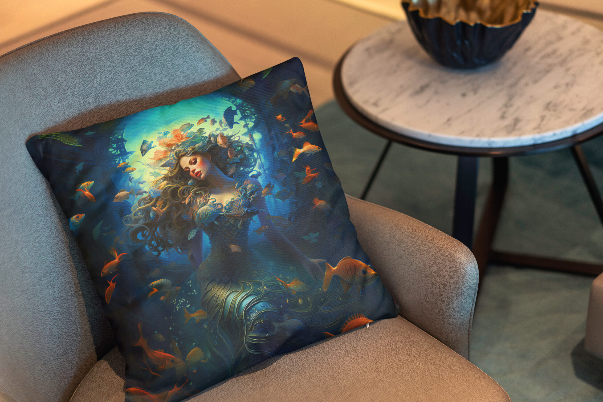 Kissen: Sea Nymph Surrounded by Fish Fantasy Painting – Bild 2