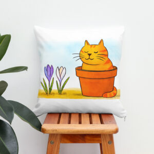 Kissen: Cute Cartoon Cat Sitting in Spring Flowers