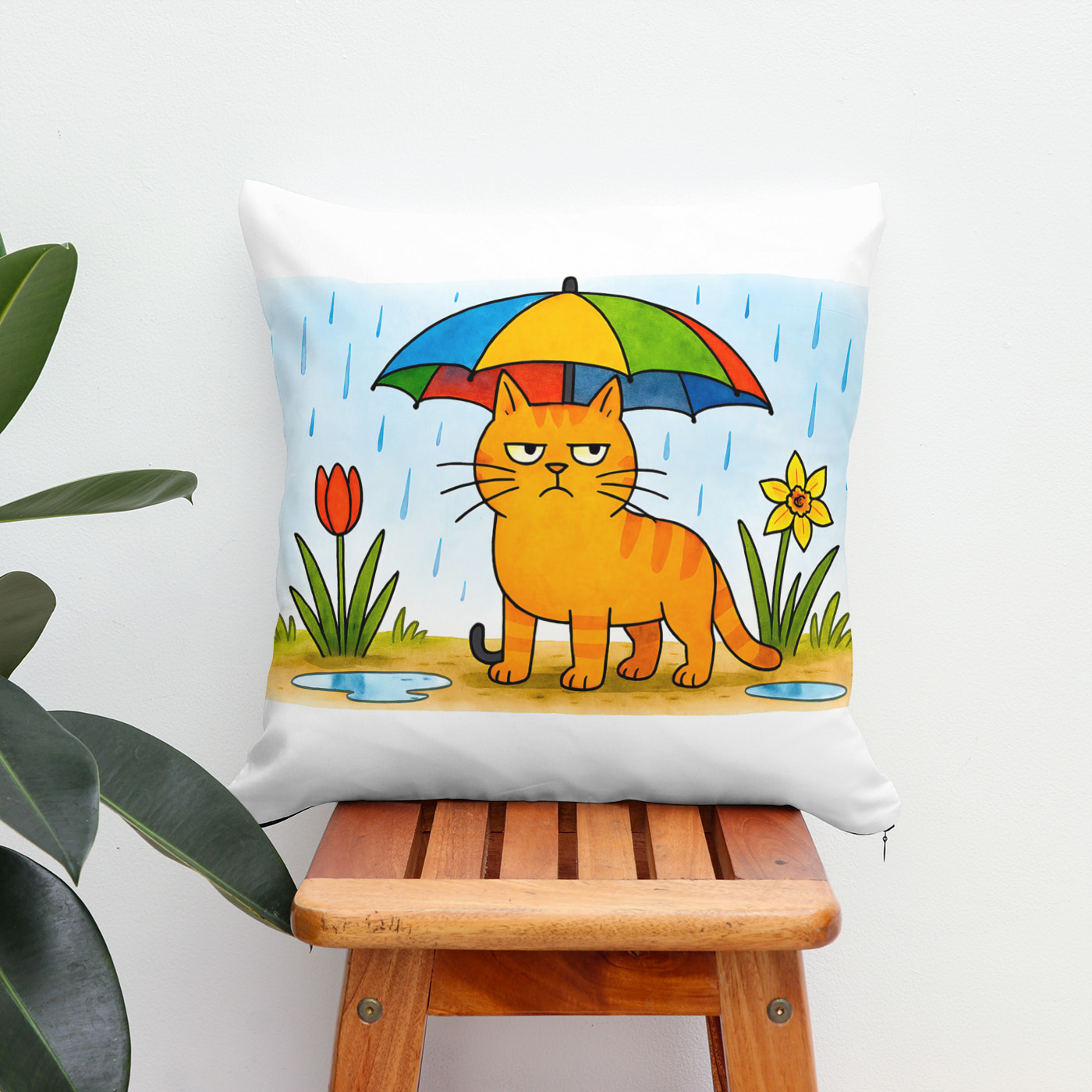 Kissen: Cute Cartoon Cat Standing Under Colorful Umbrella