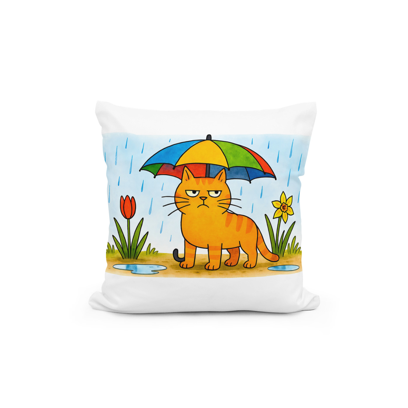 Kissen: Cute Cartoon Cat Standing Under Colorful Umbrella – Image 2