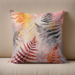 Kissen: Dark Red Fern Leaves With Gold Accents On Pink Pastel Background