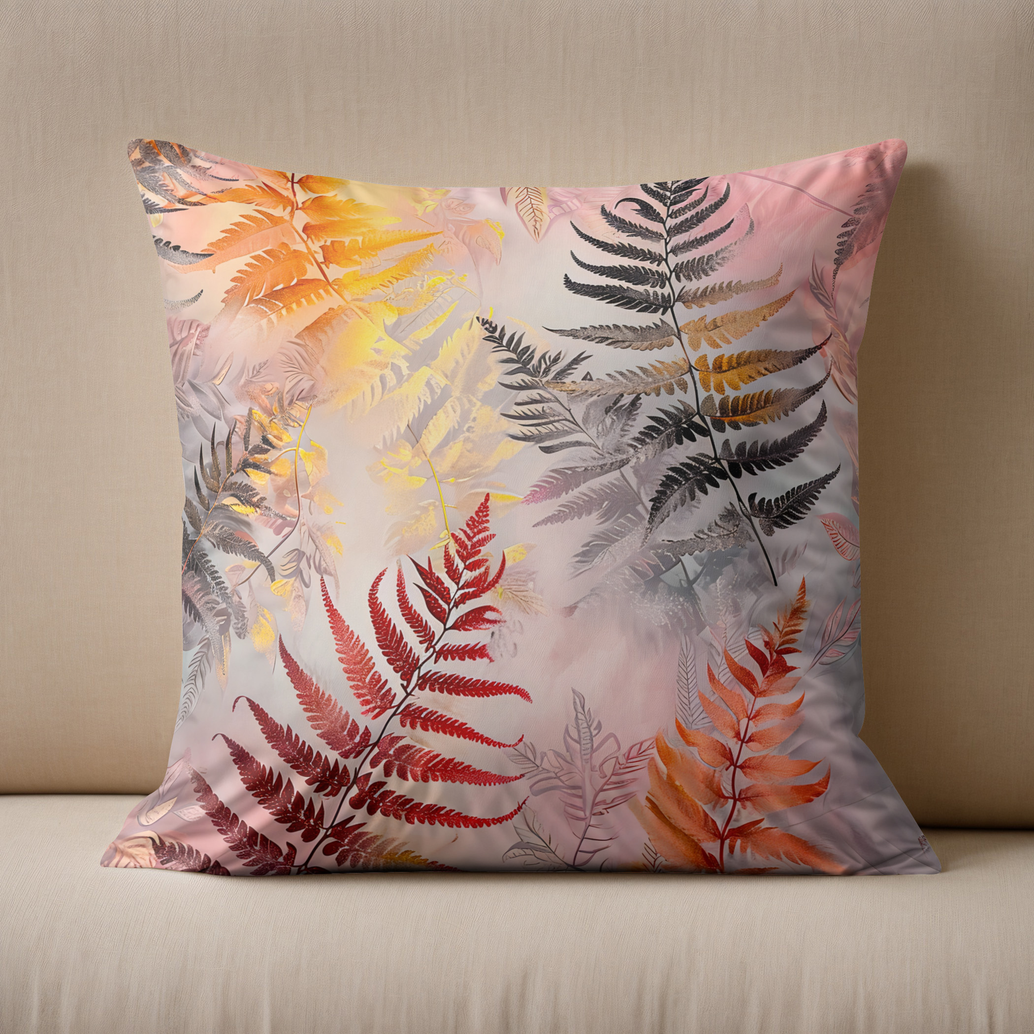 Kissen: Dark Red Fern Leaves With Gold Accents On Pink Pastel Background