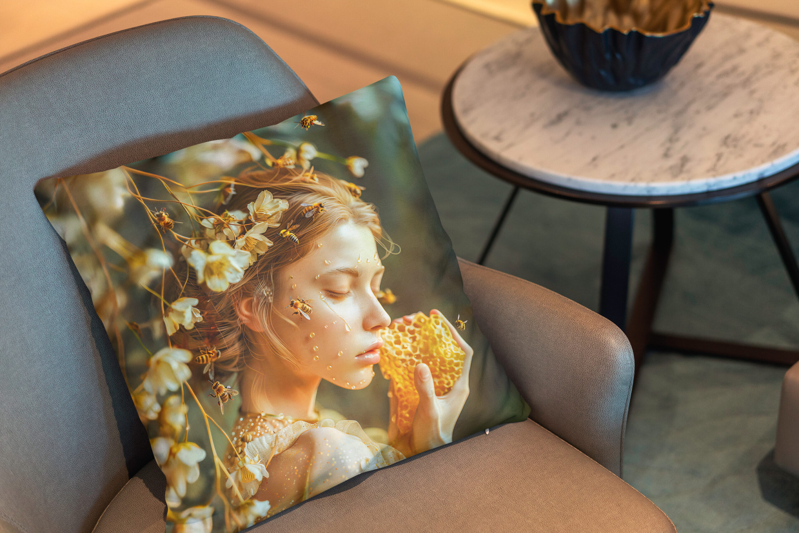 Kissen: Queen Bee Woman Posing with Honeybees and Honey – Bild 2