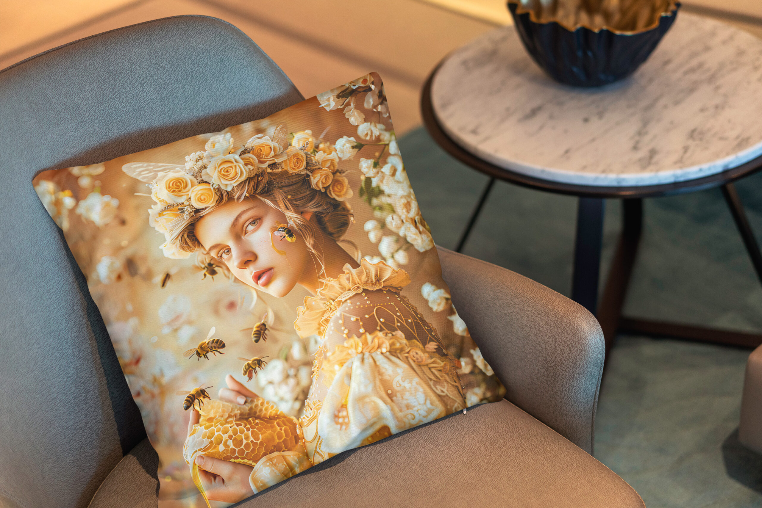 Kissen: Queen Bee Woman Posing with Honeybees and Honey - immagine 2