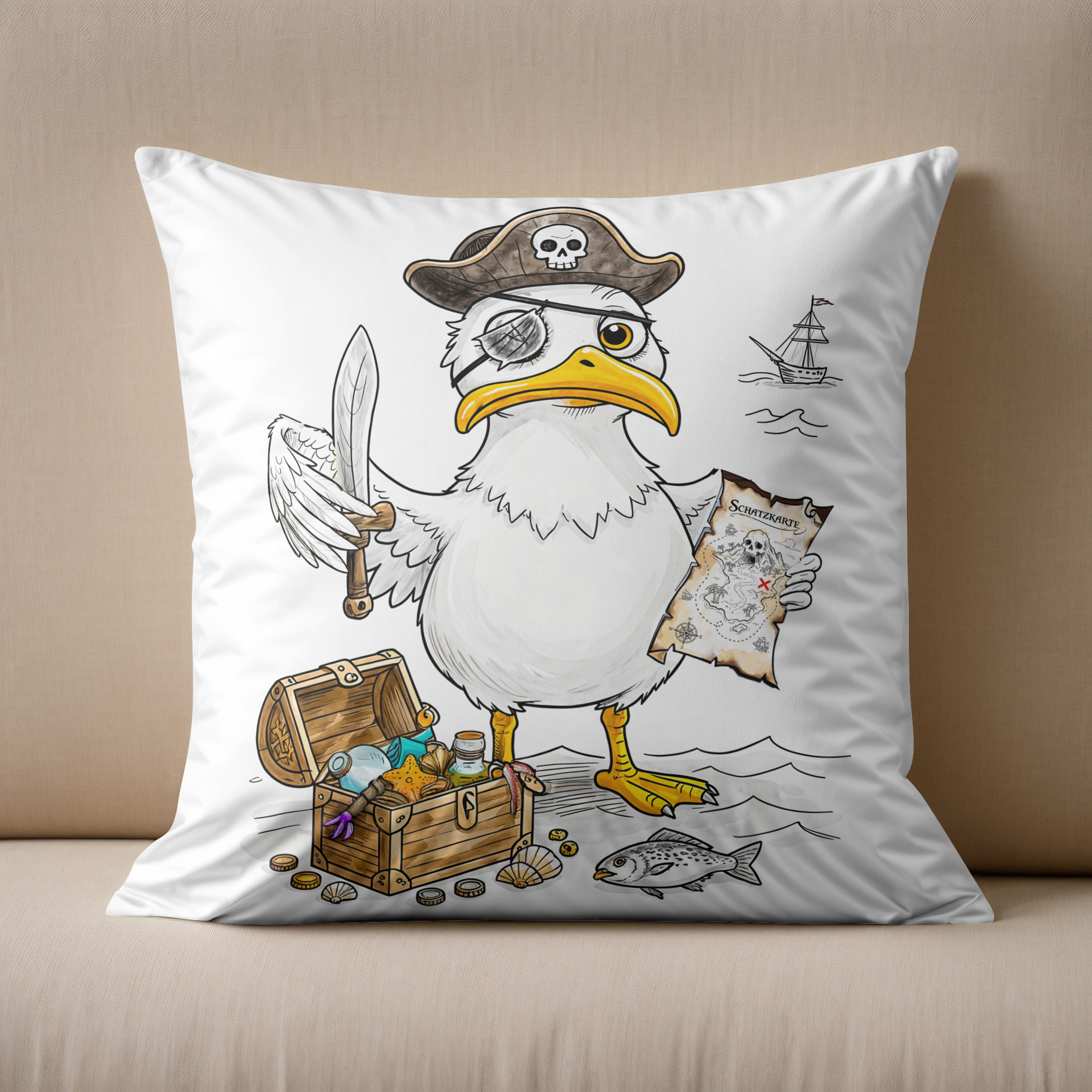 Kissen: Comic Pirate Bird Treasure Hunt